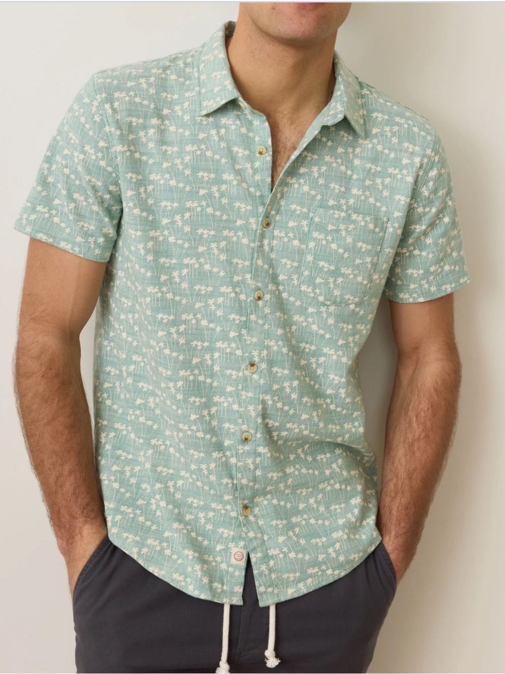 Marine Layer Stretch Selvage Short Sleeve Shirt Green Palm Print Lg